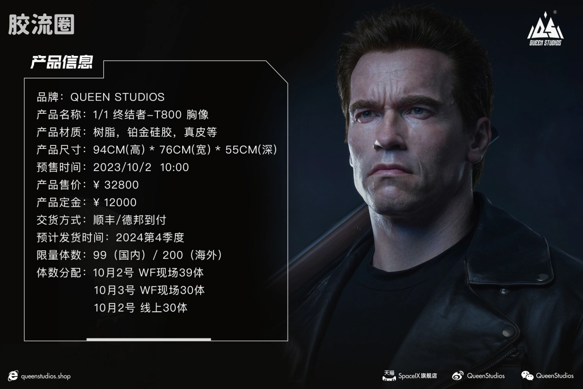 Queen Studios雕像系列 1/1半身像 终结者T800 1/1胸像 2.0 - 图片